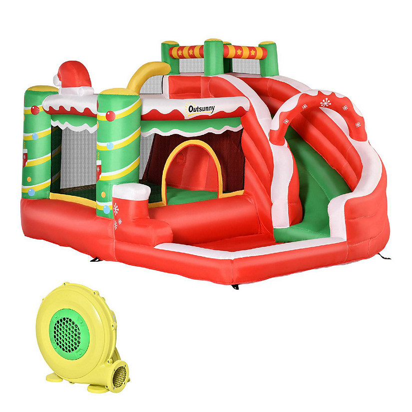 Outsunny 4 in 1 Kids Christmas Inflatable Bounce House Jumping Castle with Christmas Tree Pattern Includes Trampoline Pool Slide Climbing Wall with Carry Bag Repair Patches and Air Blower Image