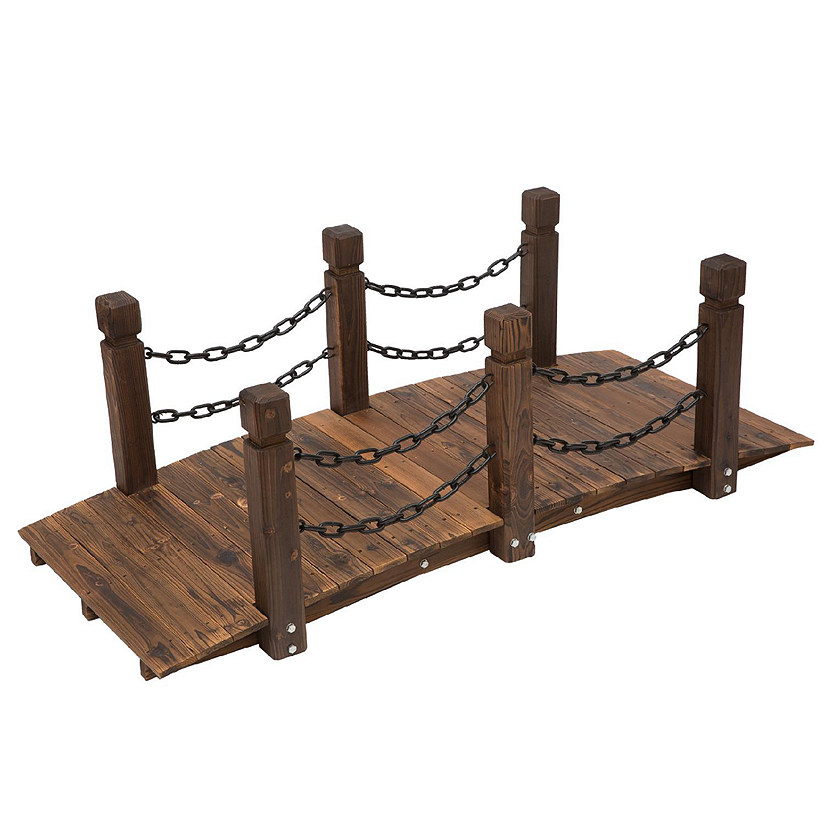 Outsunny 5 ft Wooden Garden Bridge Arc Footbridge Metal Chain Railings and Solid Fir Construction Stained Wood Image
