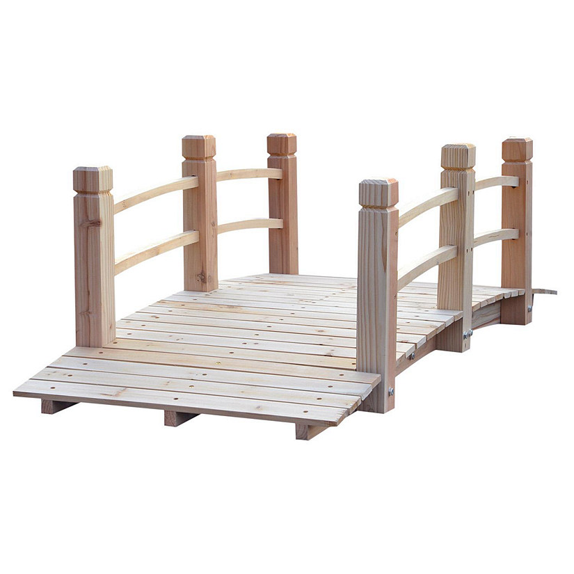 Outsunny 5 ft Wooden Garden Bridge Arc Stained Finish Footbridge Railings for your Backyard Natural Wood Image