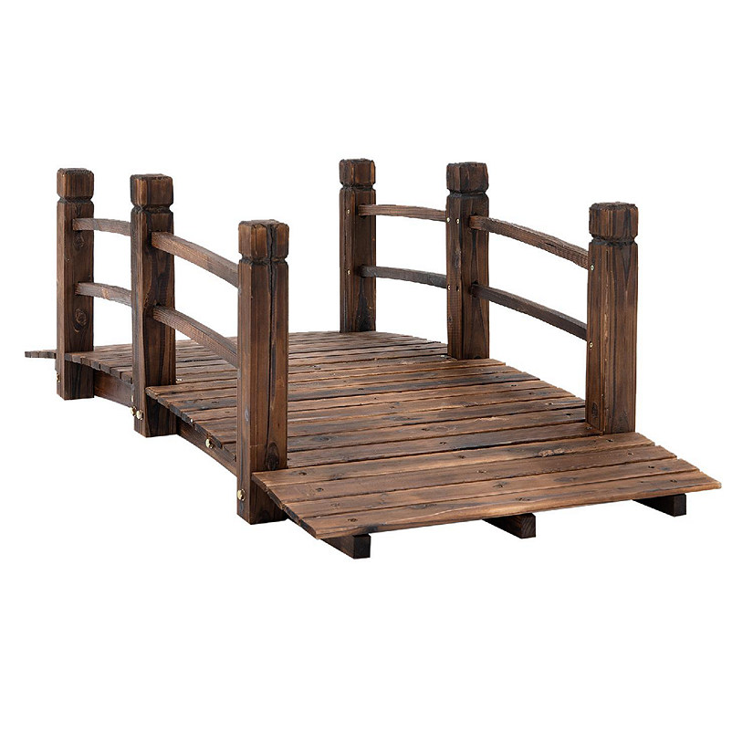 Outsunny 5 ft Wooden Garden Bridge Arc Stained Finish Footbridge Railings for your Backyard Stained Wood Image