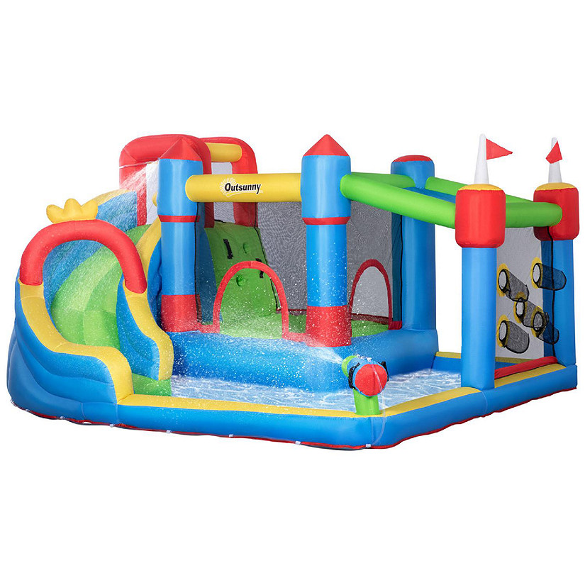 Outsunny 5 in 1 Kids Inflatable Bounce Castle Theme Jumping Castle Includes Slide Trampoline Pool Water Gun Climbing Wall with Carry Bag Repair Patches Image