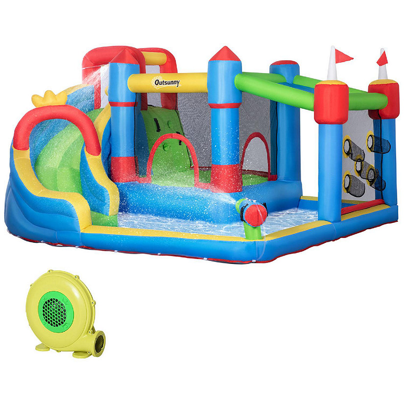 Outsunny 5 in 1 Kids Inflatable Bounce Castle Theme Jumping Castle Includes Slide Trampoline Pool Water Gun Climbing Wall with Inflator Carry Bag Repair Patches Image