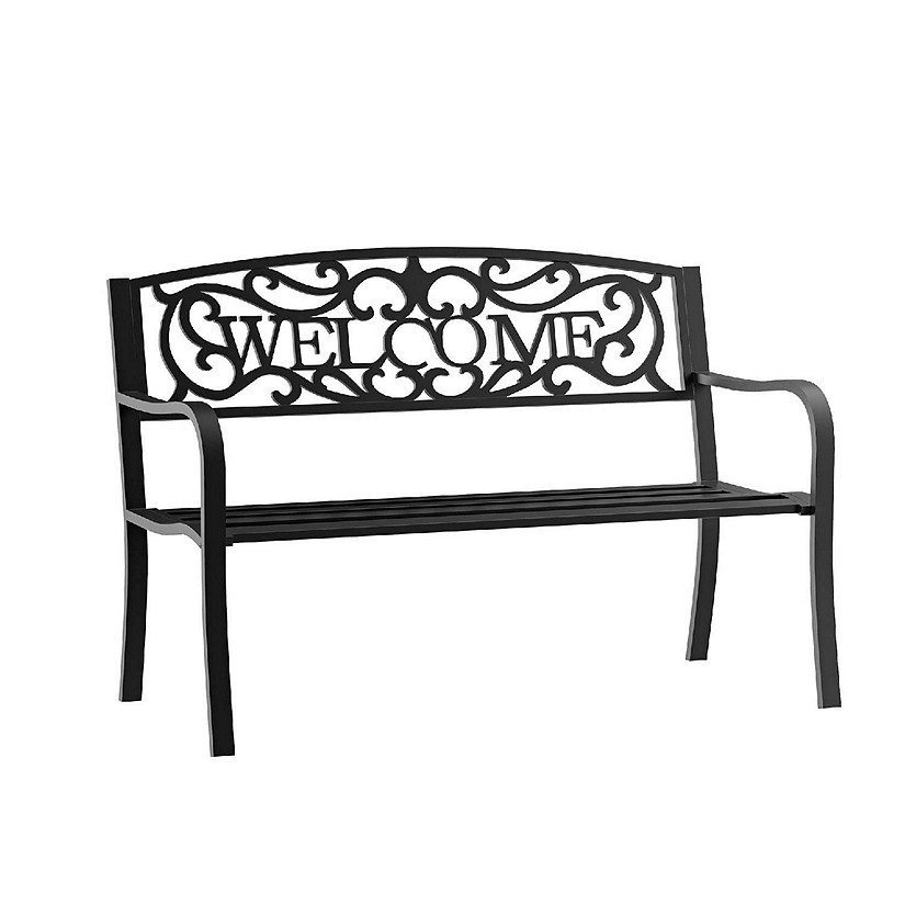 Outsunny 50" 2 Person Garden Bench Loveseat Cast Iron Decorative Welcome Vines Outdoor Patio Bench for Backyard Porch Entryway Image