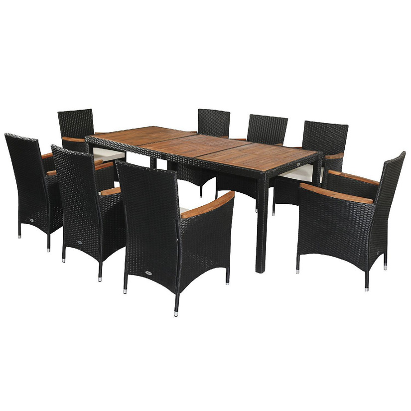 Outsunny 9 PCS Patio Dining Set Rattan Wicker Furniture Set with Acacia