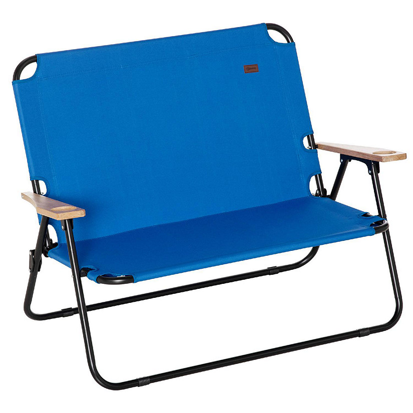 Outsunny Double Folding Chair Loveseat Camping Chair for 2 Person Portable Outdoor Chair Wood Armrest for Fishing Travel Blue Image