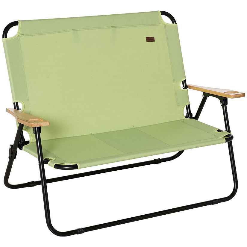 Outsunny Double Folding Chair Loveseat Camping Chair for 2 Person Portable Outdoor Chair Wood Armrest for Fishing Travel Green Image