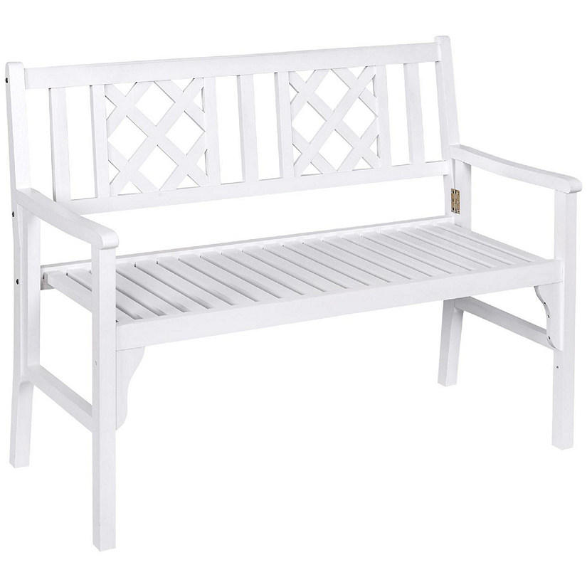 Outsunny Foldable Garden Bench 2 Seater Patio Wooden Bench Loveseat Chair Backrest and Armrest for Patio Porch or Balcony White Image