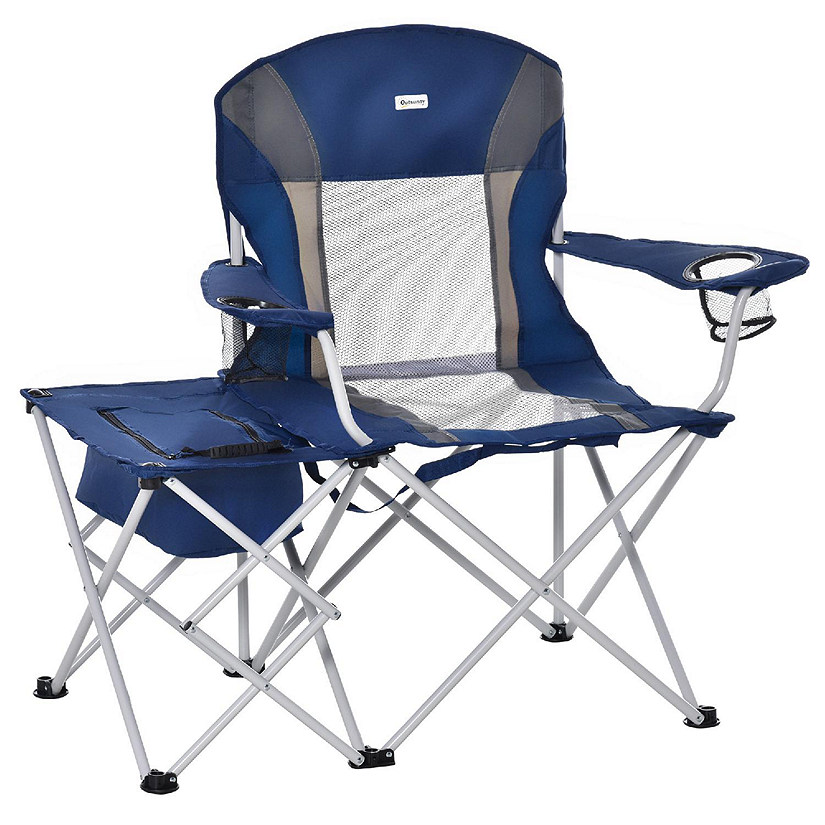 Outsunny Folding Camping Chair with Portable Insulation Table Bag Two Cup  Holders for Beach Ice Fishing and Picnic Navy Blue