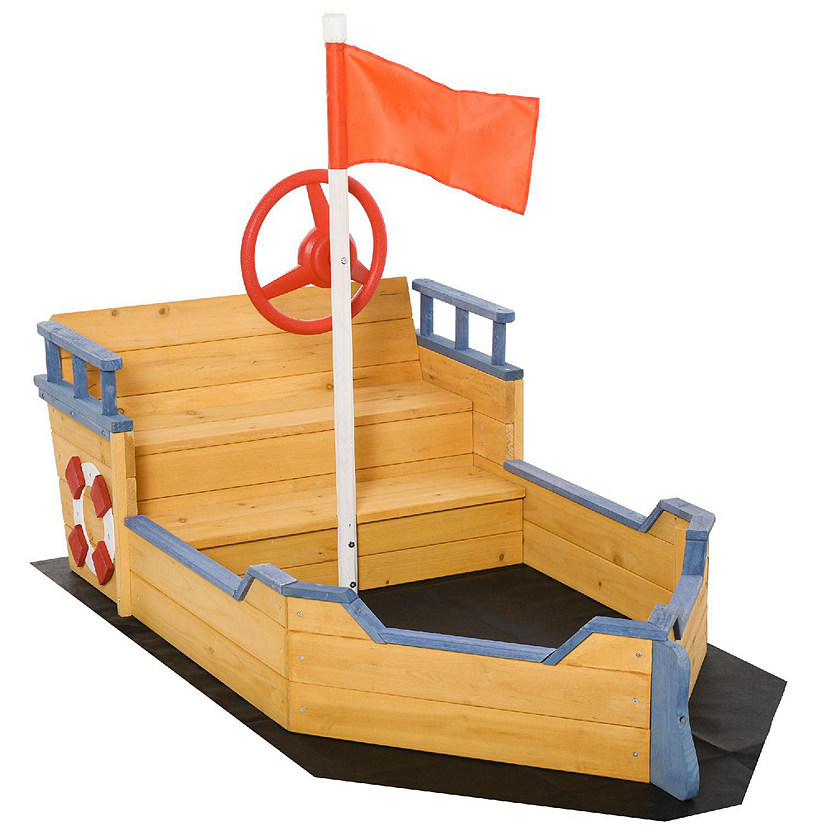 Outsunny Kids Sandbox Pirate Ship Play Boat w/ Bench Seats and Storage Cedar Wood Image