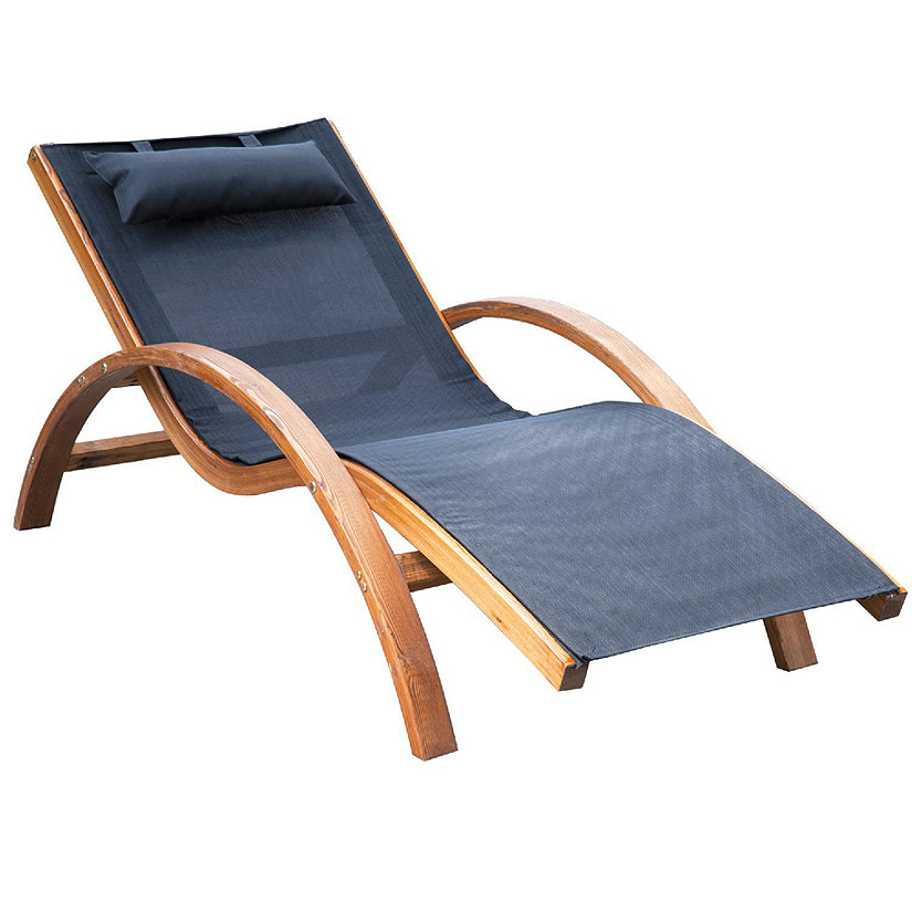 Outsunny Outdoor Chaise Wood Lounge Chair Pillow Armrests Breathable Sling Mesh and Comfortable Curved Design for Patio Deck and Poolside Image