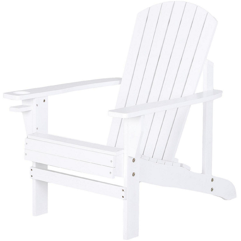 Outsunny Outdoor Classic Wooden Adirondack Deck Lounge Chair Ergonomic Design and a Built In Cup Holder White Image