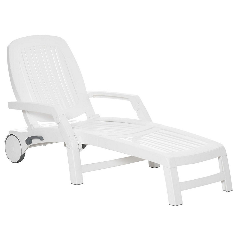 Outsunny Outdoor Folding Chaise Lounge Chair on Wheels Patio Sun Lounger Recliner Storage Box and 5 Position Backrest for Garden Beach Pool White Image