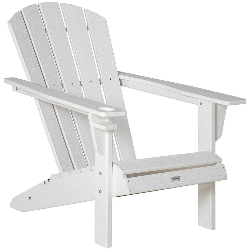 Outsunny Outdoor HDPE Adirondack Deck Chair Plastic Lounger Cup Holder High Back and Wide Seat White Image