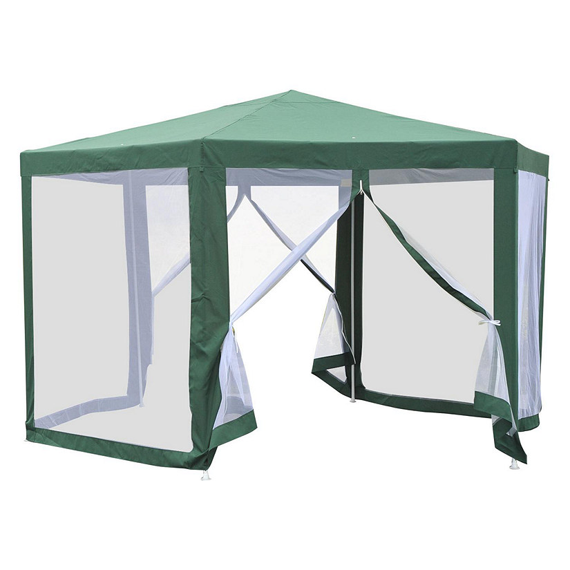Outsunny Outdoor Hexagon Sun Shade Canopy Tent Protective Mesh Screen Walls and Proper Sun Protection Green Image