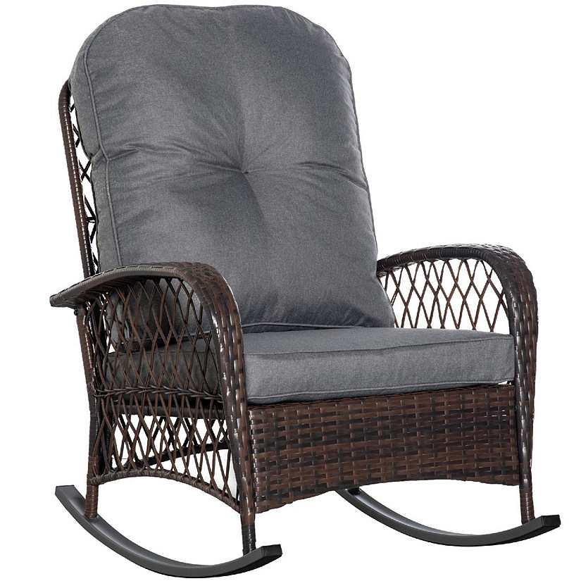 Outsunny Outdoor PE Rattan Rocking Chair Patio Wicker Recliner Rocker Chair Soft Cushion for Garden Backyard Porch Grey Image