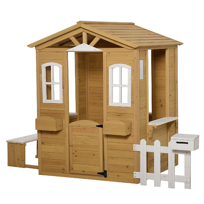 Outsunny Outdoor Playhouse for kids Wooden Cottage with Working Doors Windows and Mailbox Pretend Play House for Age 3 6 Years Image