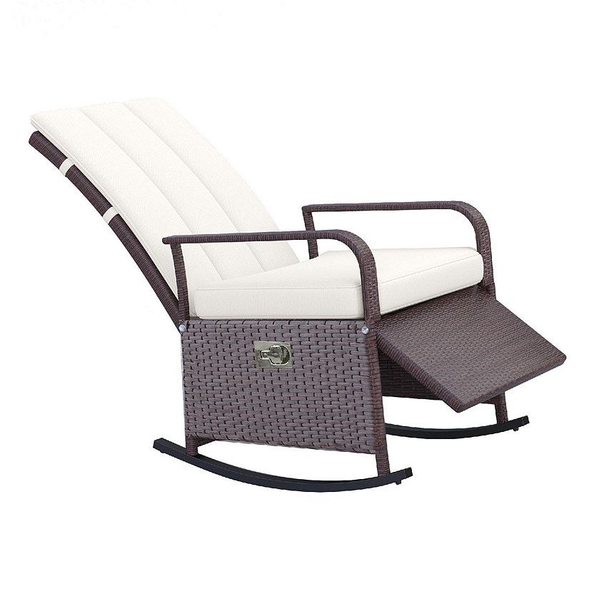 Outsunny Outdoor Rattan Wicker Rocking Chair Patio Recliner Soft Cushion Adjustable Footrest Max. 135 Degree Backrest Cream Image
