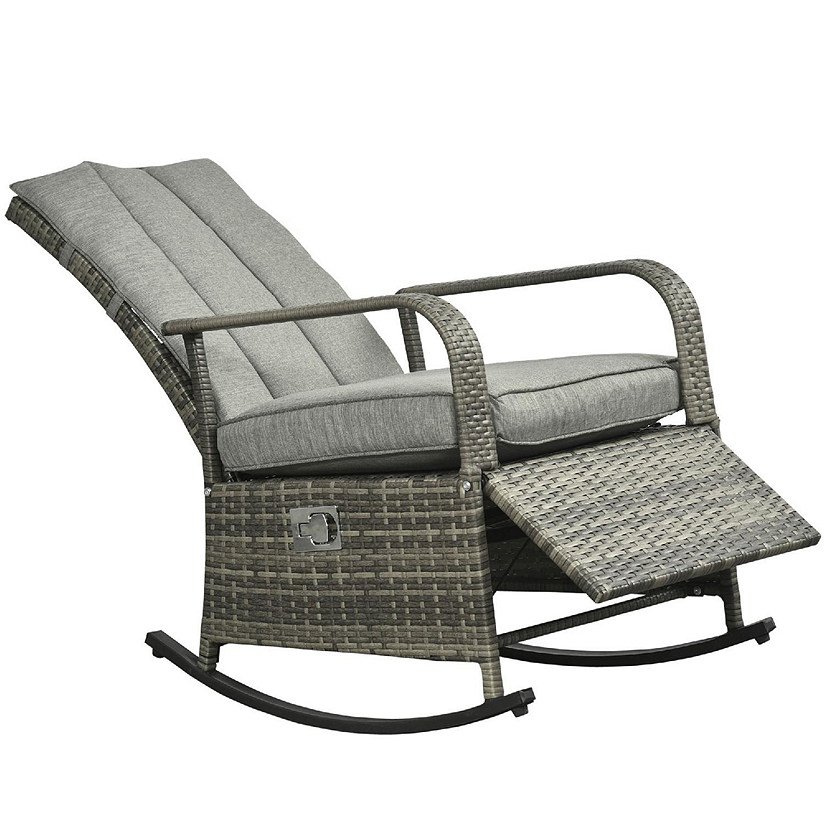 Outsunny Outdoor Rattan Wicker Rocking Chair Patio Recliner Soft Cushion Adjustable Footrest Max. 135 Degree Backrest Grey Image