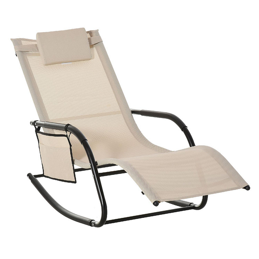 Outsunny Outdoor Rocking Recliner Sling Sun Lounger Removable Headrest and Side Pocket for Garden Patio and Deck Cream White Image