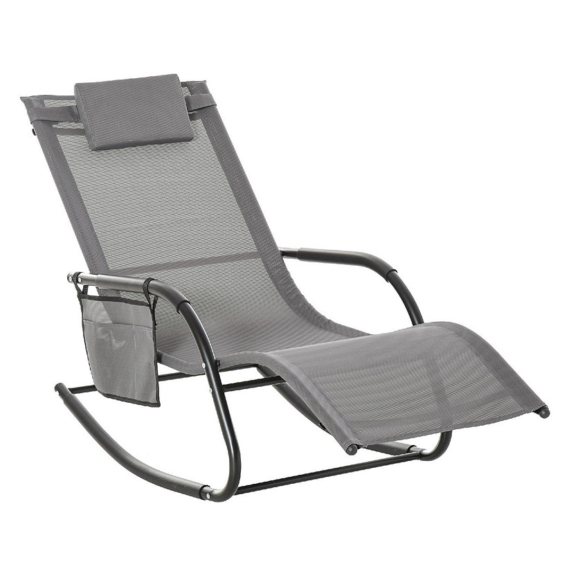 Outsunny Outdoor Rocking Recliner Sling Sun Lounger Removable Headrest and Side Pocket for Garden Patio and Deck Grey Image