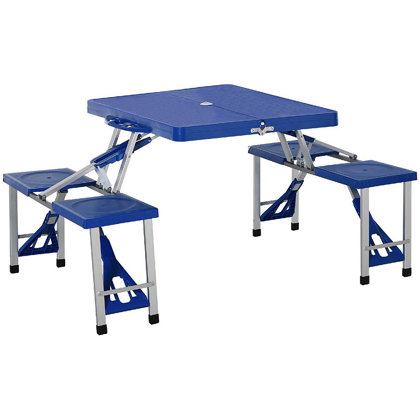 Outsunny Portable Foldable Camping Picnic Table Set Four Chairs and Umbrella Hole 4 Seats Aluminum Fold Up Travel Picnic Table Blue Image