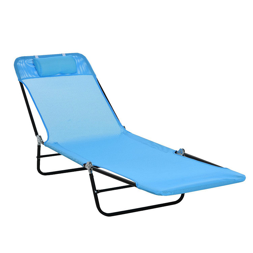 Outsunny Portable Sun Lounger Folding Chaise Lounge Chair w/ Adjustable Backrest and Pillow for Beach Poolside and Patio Blue and Black Image