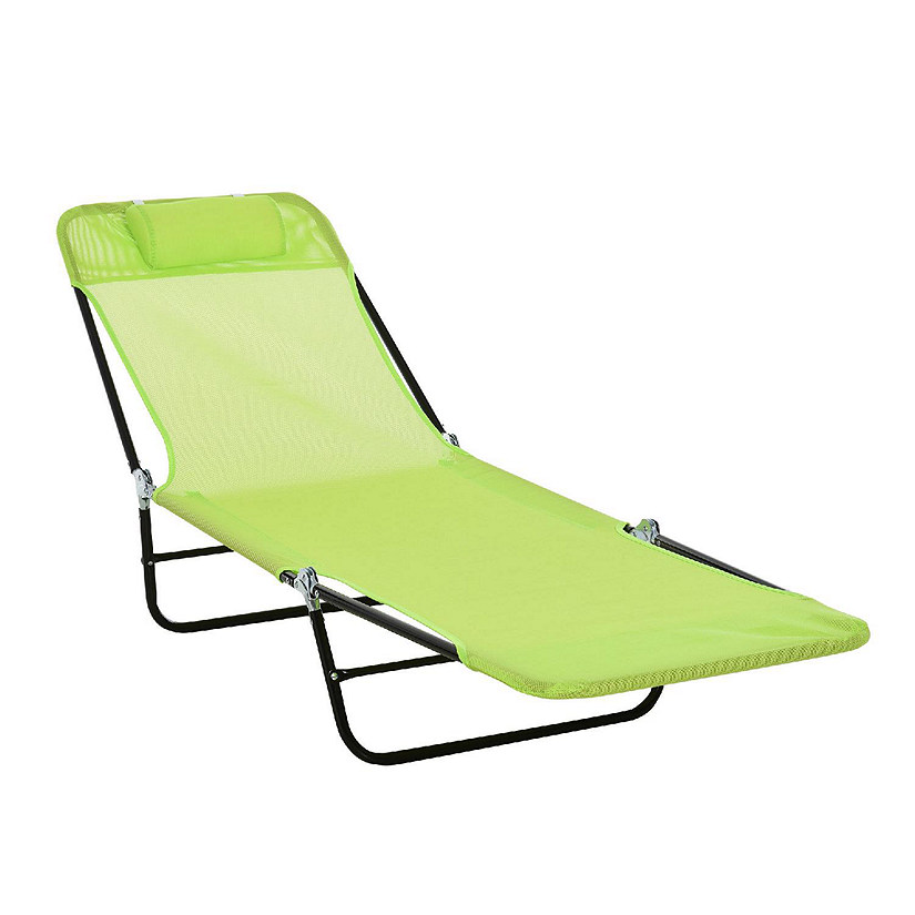 Outsunny Portable Sun Lounger Folding Chaise Lounge Chair w/ Adjustable Backrest and Pillow for Beach Poolside and Patio Green and Black Image