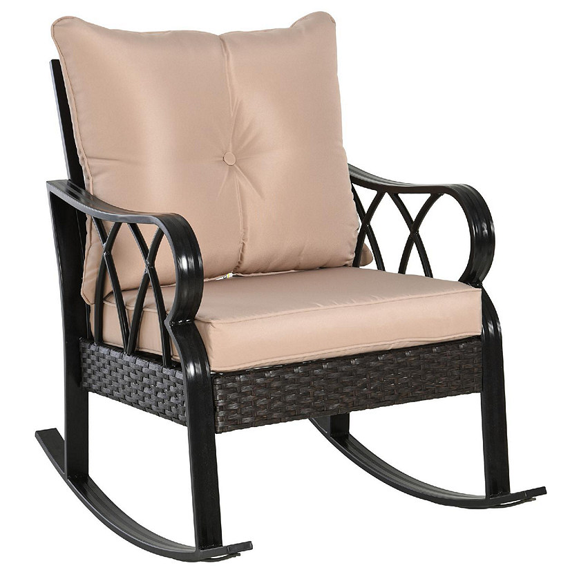 Outsunny Rattan Wicker Rocking Chair Padded Cushions Aluminum Frame Armrest for Garden Patio and Backyard Khaki Image