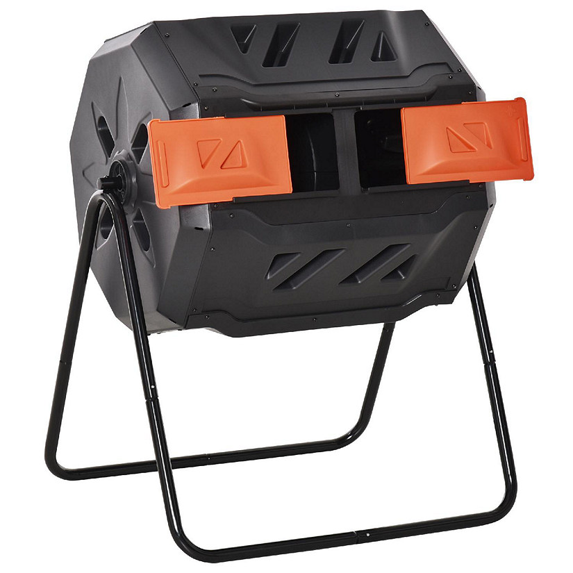 Outsunny Tumbling Compost Bin Outdoor 360 degree Dual Chamber Rotating Composter 43 Gallon Orange Image