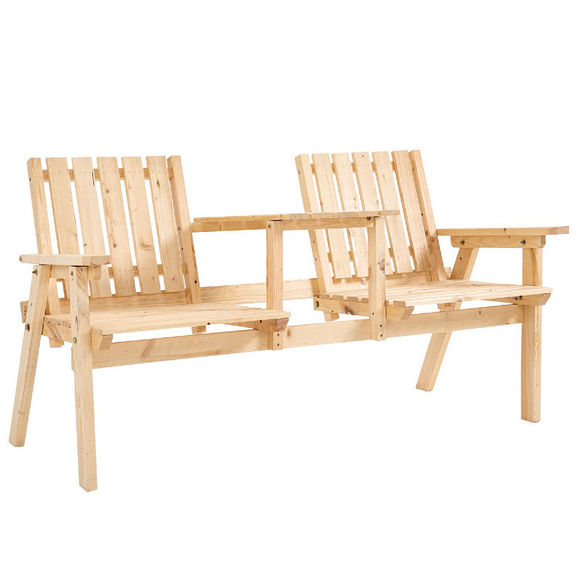 Outsunny Outdoor Patio Wooden Double Chair Garden Bench with Middle Table & Natural