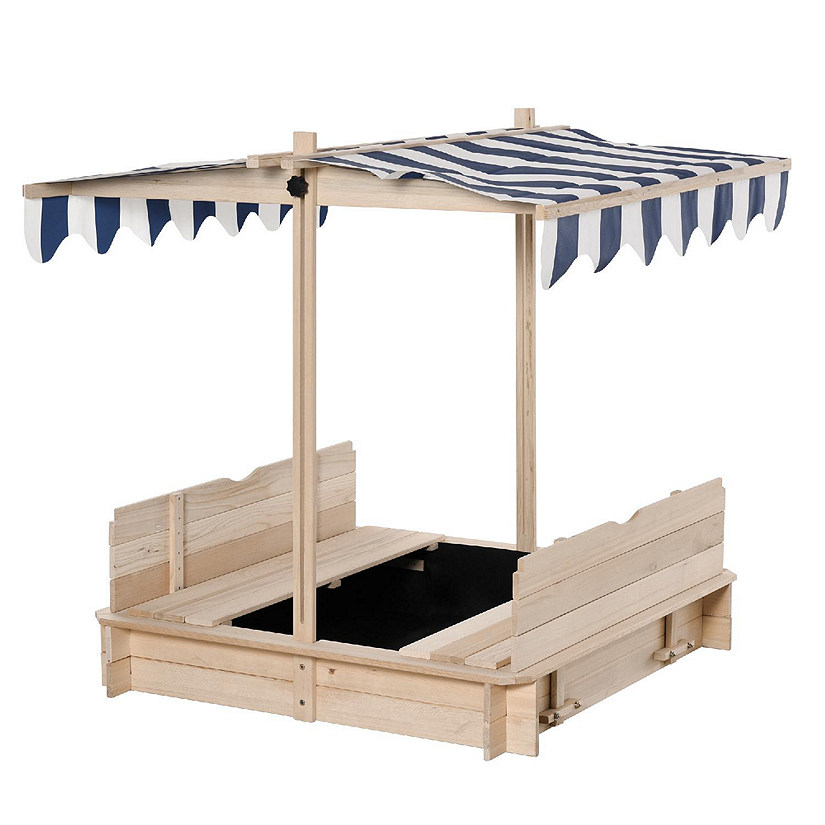 Outsunny Wooden Kids Sandbox w/ Cover Adjustable Canopy Convertible Bench Seat Bottom Liner Image