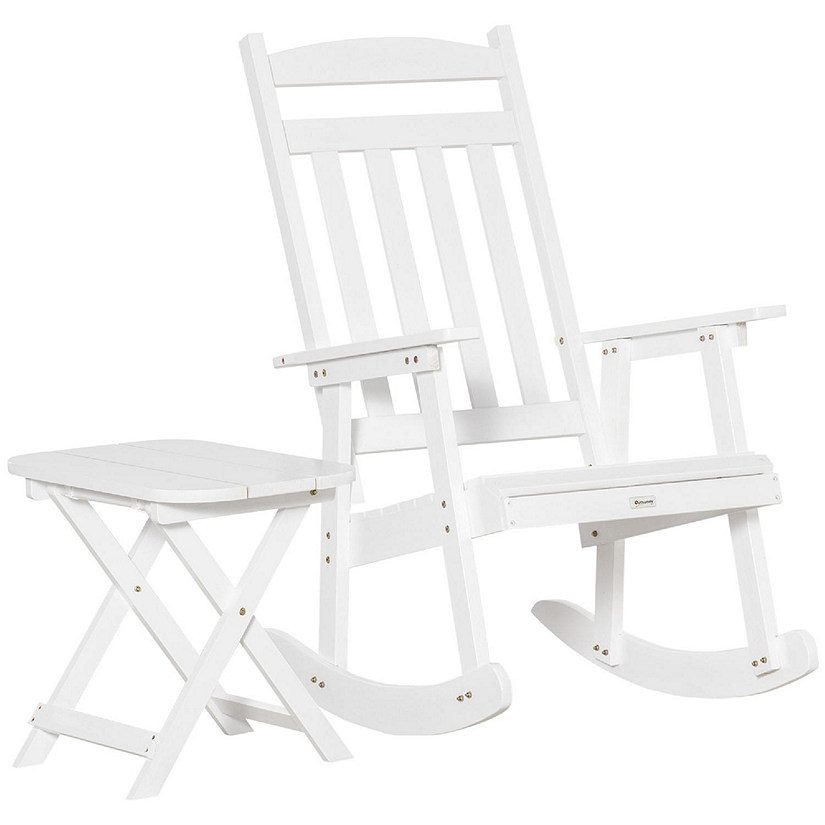 Outsunny Wooden Rocking Chair Set 2 Piece Outdoor Porch Rocker Foldable Table for Patio Backyard and Garden White Image