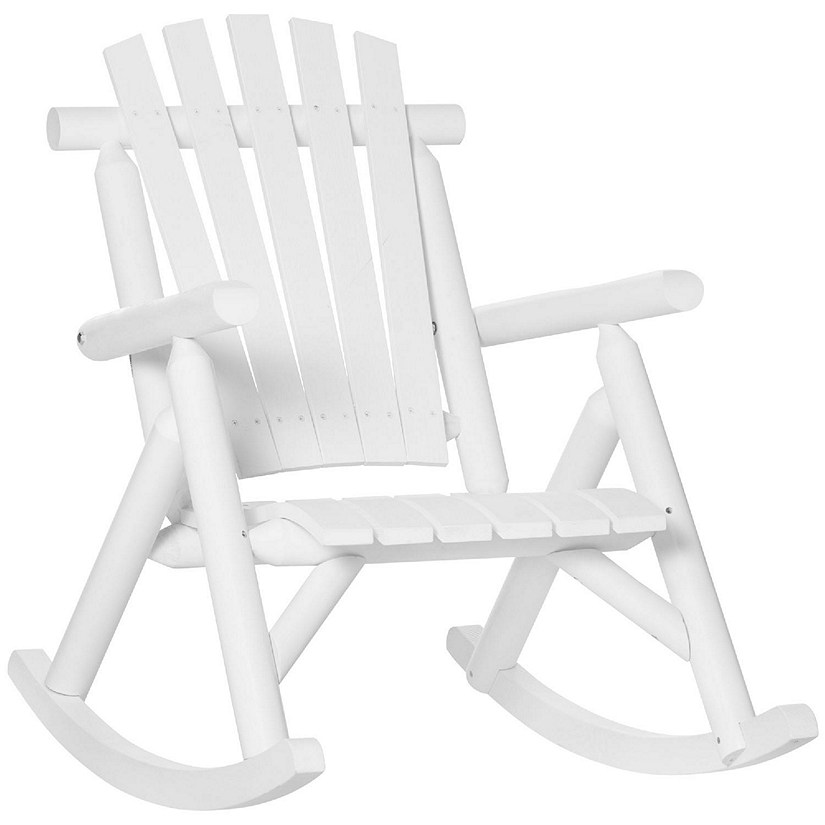 Outsunny Wooden Rustic Rocking Chair Indoor Outdoor Adirondack Log Rocker Slatted Design for Patio Lawn White Image