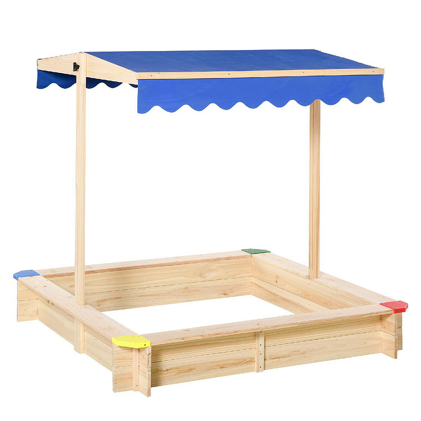 Outsunny Wooden Sandbox w/ Adjustable Canopy Children Outdoor Playset Weather Resistant 47" L x 47" W x 47" H Natural and Blue Image