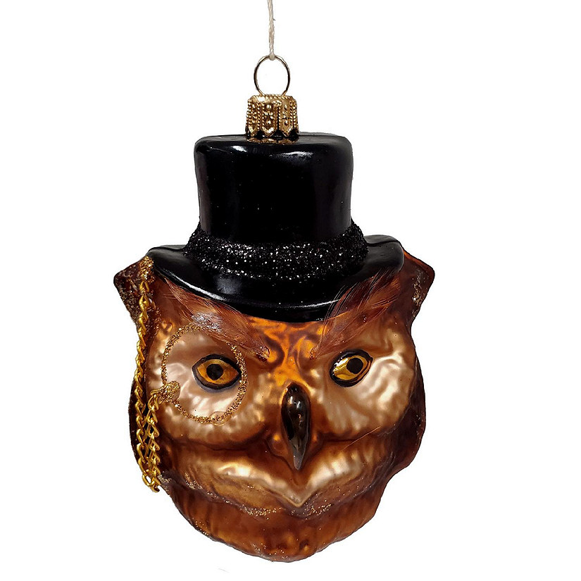 Owl Wearing Monocle and Top Hat Polish Glass Christmas Ornament Bird Decoration Image