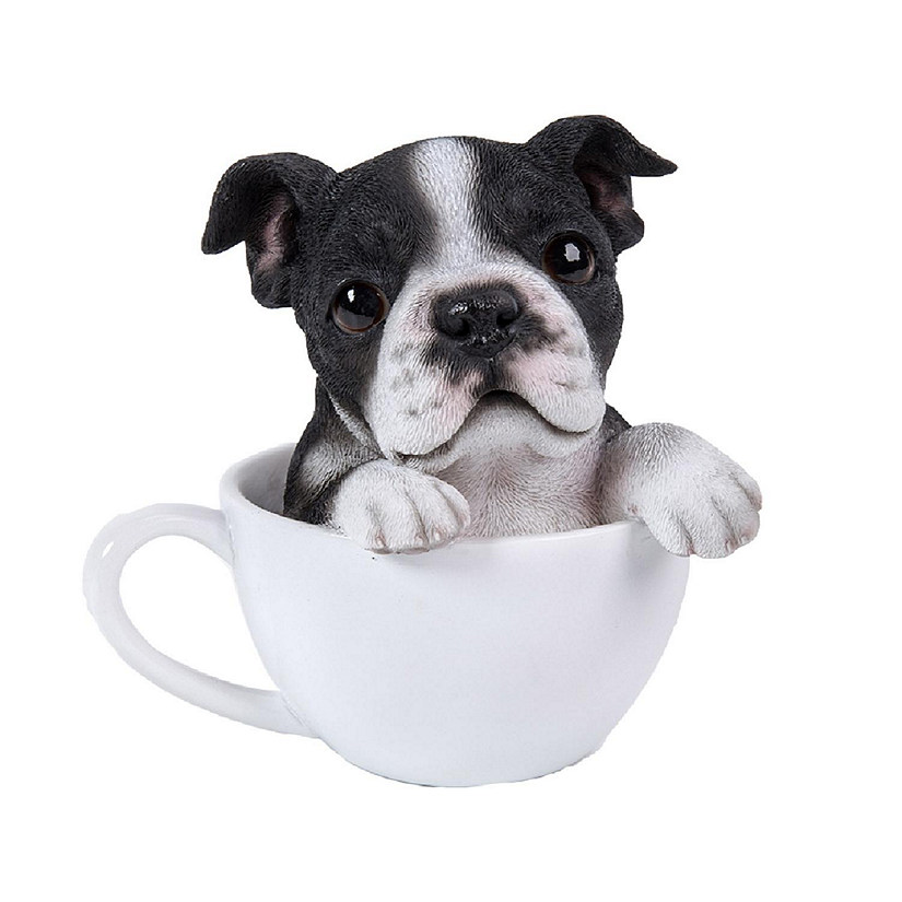 Pacific Trading Boston Terrier Tea Cup Pups Figurine 5.7 Inch Black and White Image