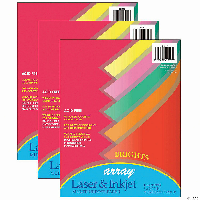 Pacon Bright Multi-Purpose Paper, 5 Assorted Colors, 20 lb., 8-1/2" x 11", 100 Sheets Per Pack, 3 Packs Image