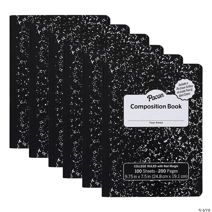Pacon Composition Book, Black Marble, 9/32 in ruling with red margin 9-3/4" x 7-1/2", 100 Sheets, Pack of 6 Image