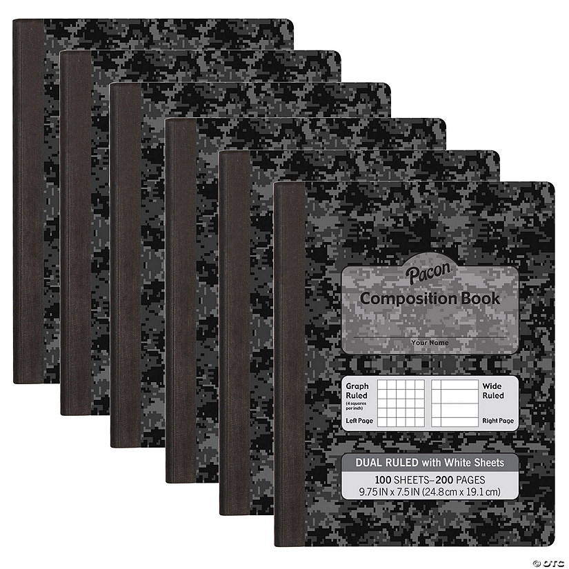 Pacon Dual Ruled Composition Book, Dark Gray Marble, 1/4" Grid & 3/8" Wide Ruled, 9-3/4" x 7-1/2", 100 Sheets, Pack of 6 Image