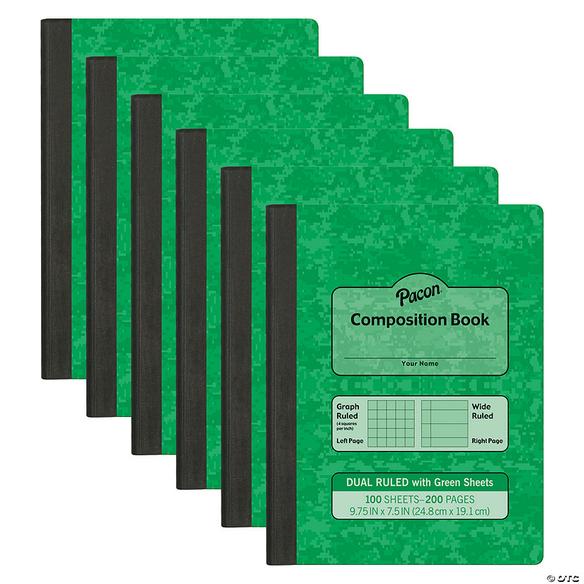 Pacon Dual Ruled Composition Book, Green, 1/4 in grid and 3/8 in (wide) 9-3/4" x 7-1/2", 100 Sheets, Pack of 6 Image