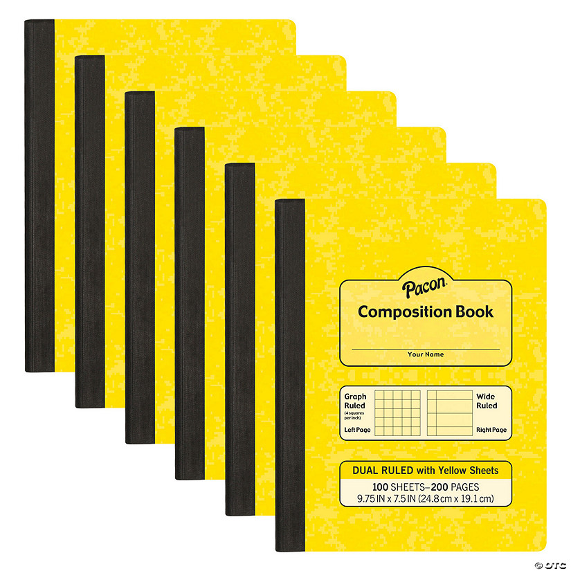 Pacon Dual Ruled Composition Book, Yellow, 1/4 in grid and 3/8 in (wide) 9-3/4" x 7-1/2", 100 Sheets, Pack of 6 Image
