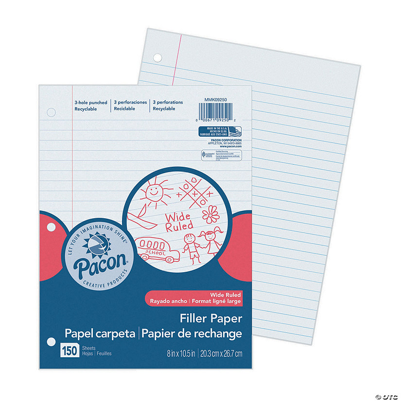 Pacon Filler Paper - White, 3-Hole Punched, Red Margin, 3/8" Ruled, 12pks Image