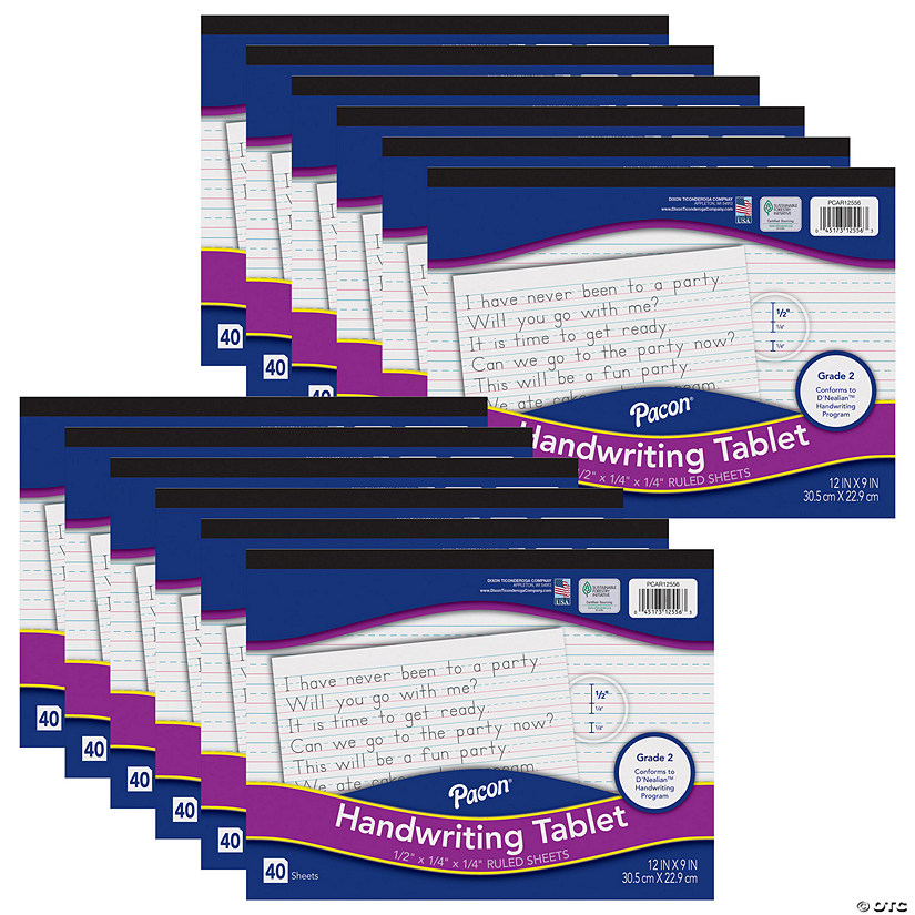Pacon Handwriting Tablet, White, 1/2 in x 1/4 in x 1/4 in Ruled Long, 12" x 9", 40 Sheets, Pack of 12 Image