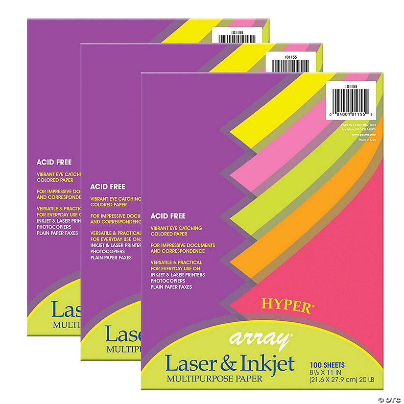 Pacon Hyper Multi-Purpose Paper, 5 Assorted Colors, 20 lb., 8-1/2" x 11", 100 Sheets Per Pack, 3 Packs Image