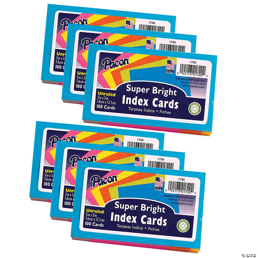 Pacon Index Cards, 5 Super Bright Assorted Colors, Unruled, 3" x 5", 100 Cards Per Pack, 6 Packs Image