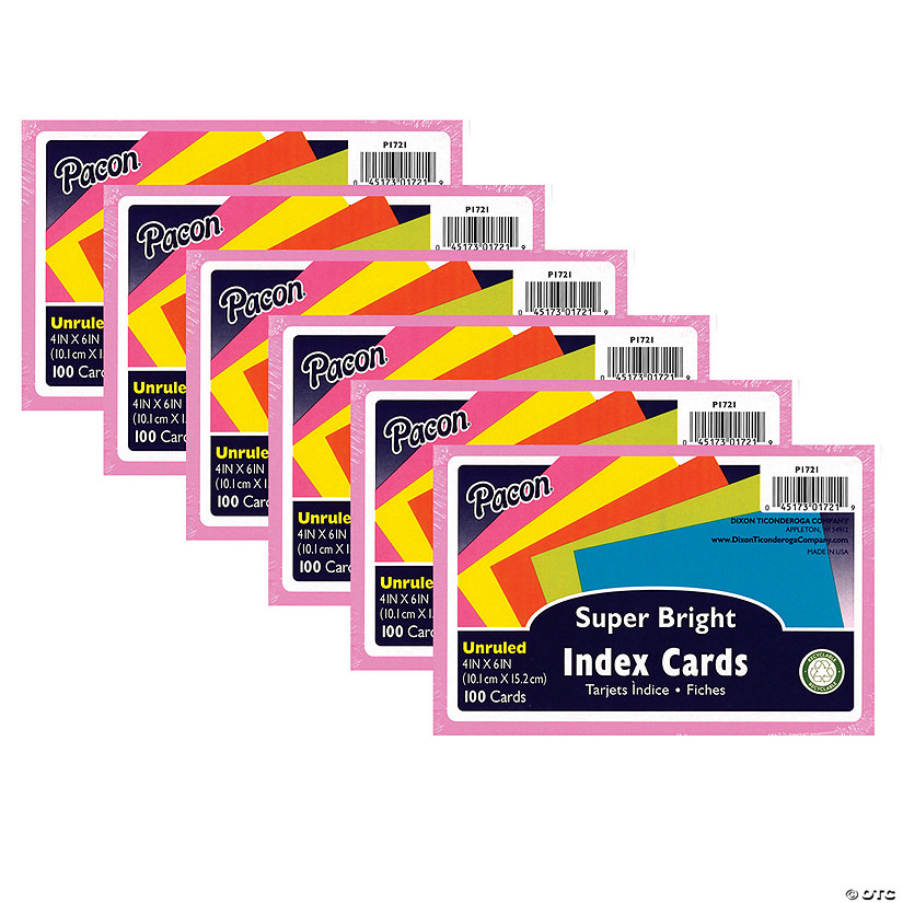 Pacon Index Cards, 5 Super Bright Assorted Colors, Unruled, 4" x 6", 100 Cards Per Pack, 6 Packs Image