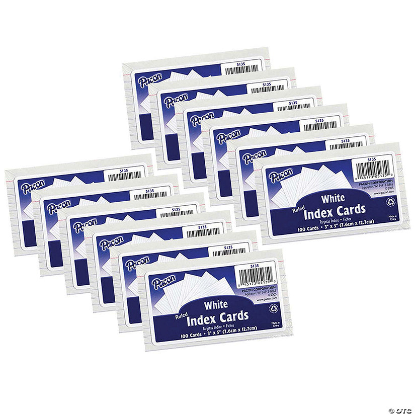 Pacon Index Cards, White, Ruled, 1/4" Ruled 3" x 5", 100 Per Pack, 12 Packs Image