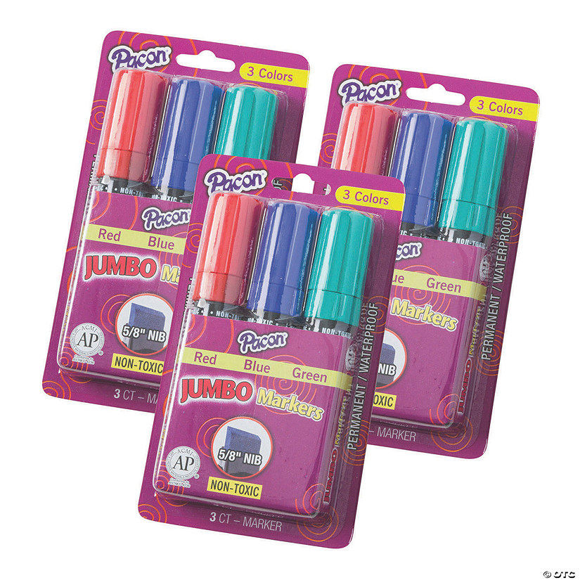 Pacon® Jumbo Markers, Assorted 3 Colors, 5/8" Nib, 9 count