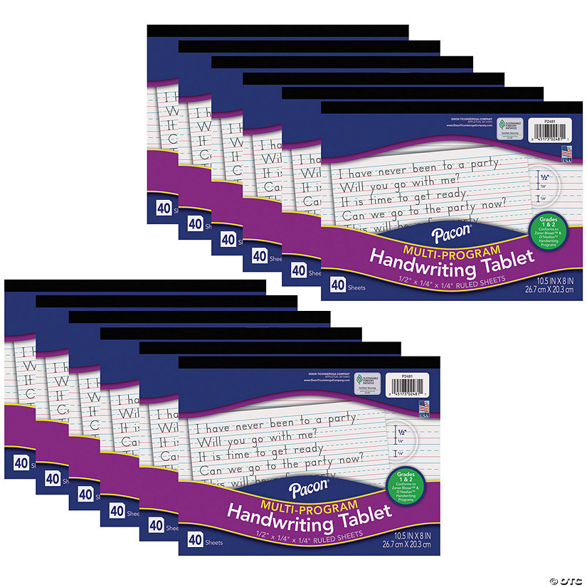 Pacon Multi-Program Handwriting Tablet, D'Nealian/Zaner-Bloser, 1/2" x 1/4" x 1/4" Ruled Long, 10-1/2" x 8", 40 Sheets, Pack of 12 Image
