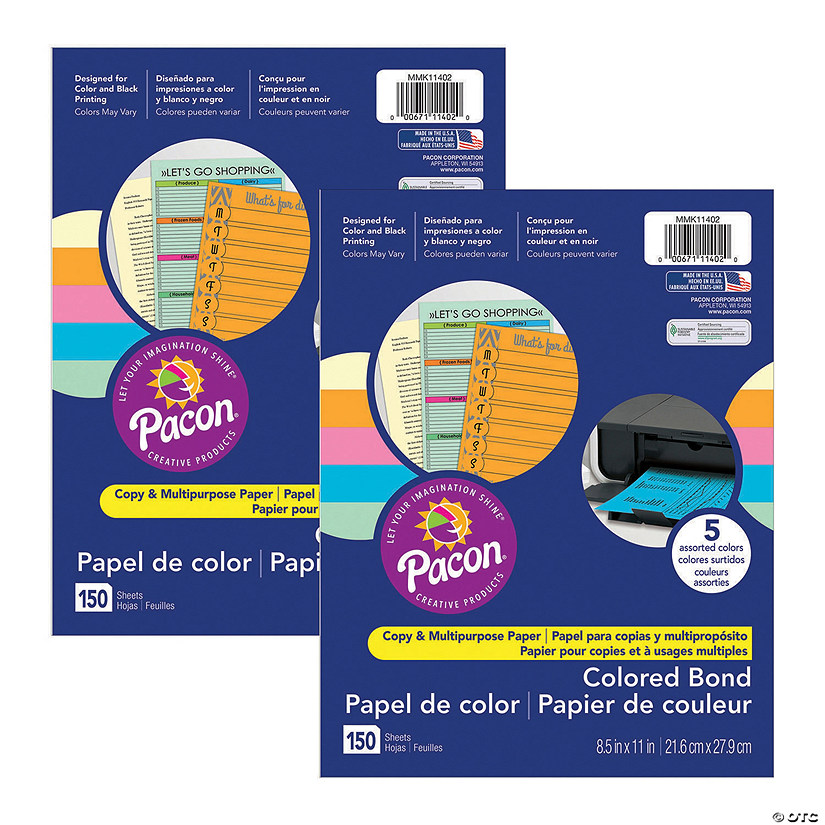 Pacon&#174; Multi-Purpose Paper, 5 Assorted Colors, 8-1/2" x 11", 150 Sheets Per Pack, 2 Packs Image